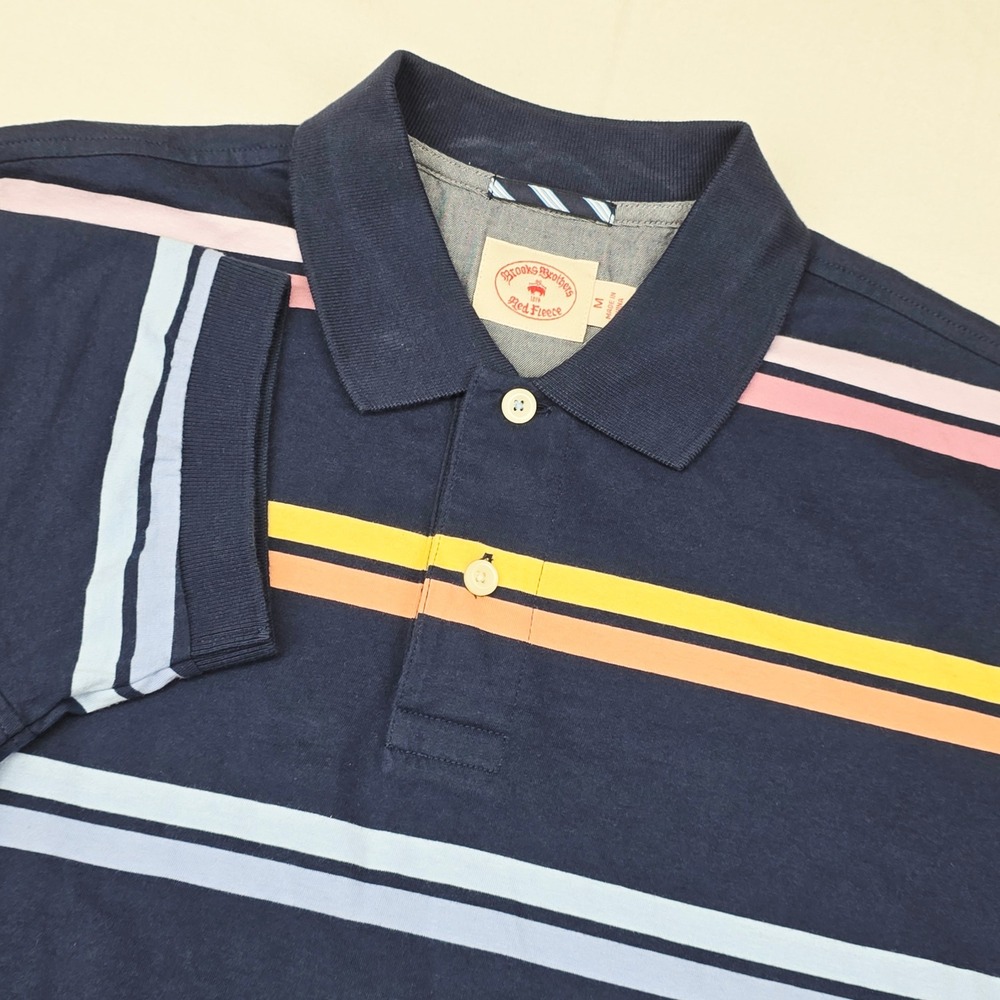 Brooks Brothers Polo Shirt Mens M Navy Blue Striped Red Fleece Short Sleeve Logo